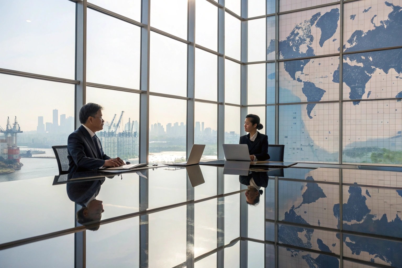 Blurred business meeting in waterfront office.