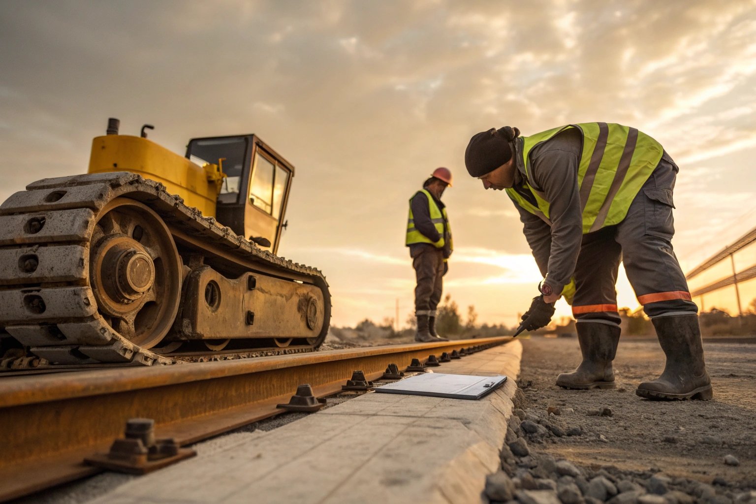 Railway construction crew securing track fasteners near crawler excavator at sunset