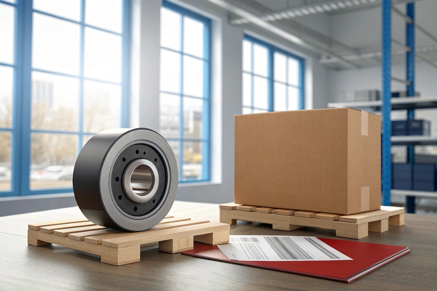 Industrial bearing and packed box on pallets with shipping paperwork in warehouse
