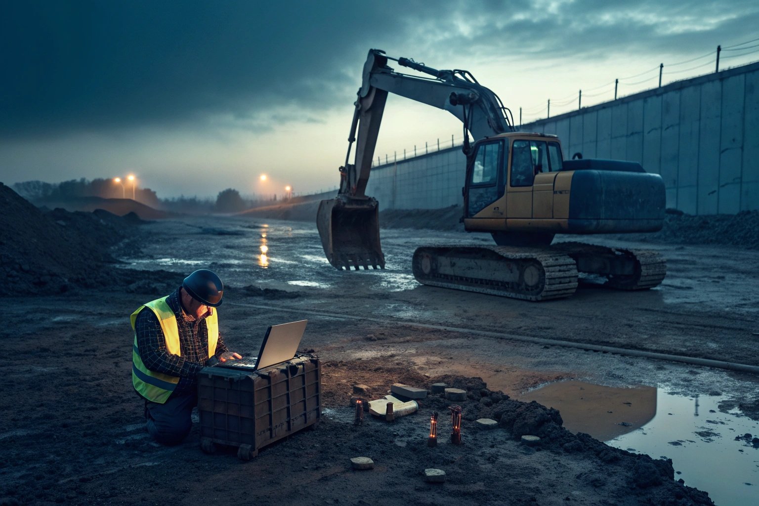 Nighttime construction site with worker and excavator
