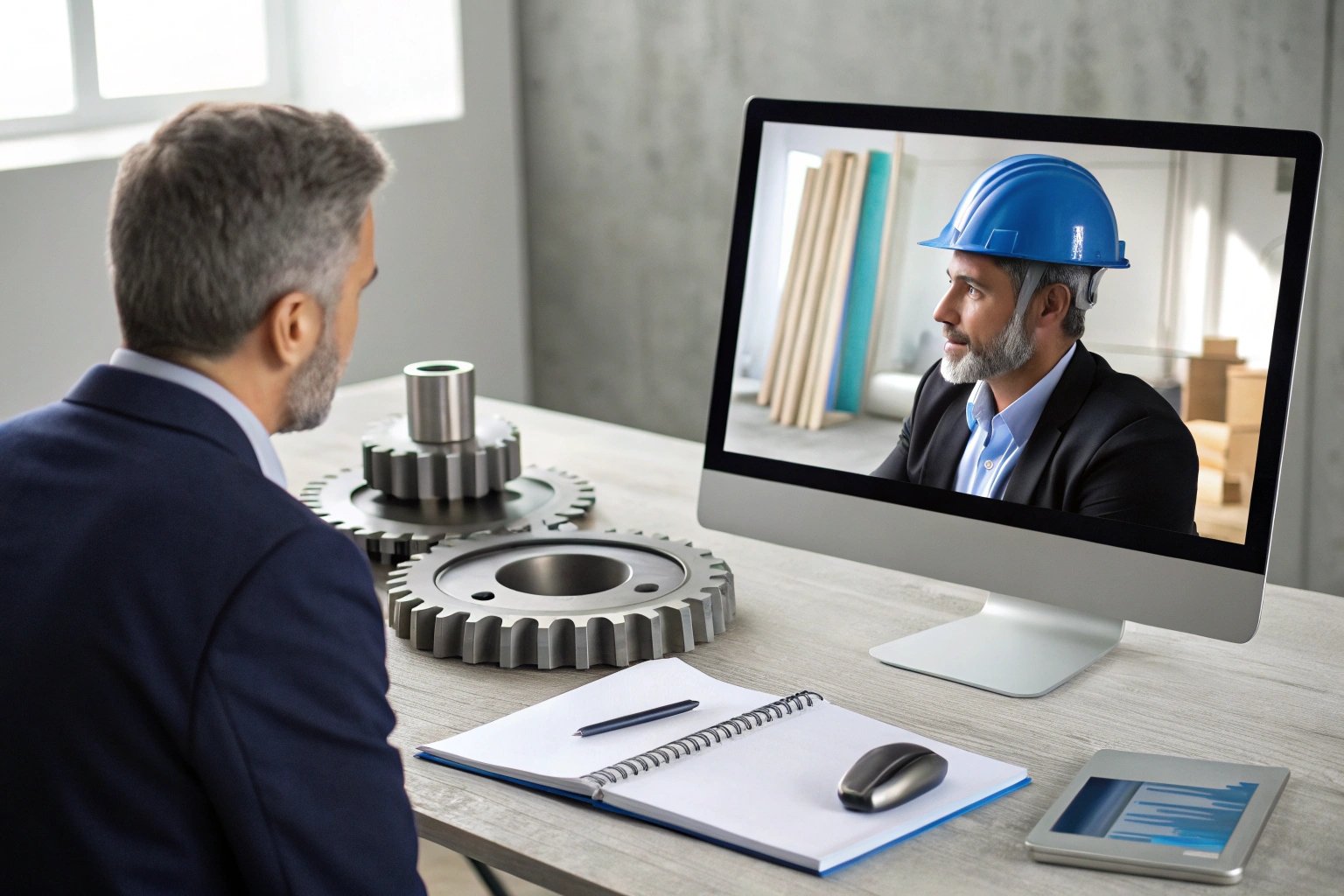 Online meeting with industrial worker on screen
