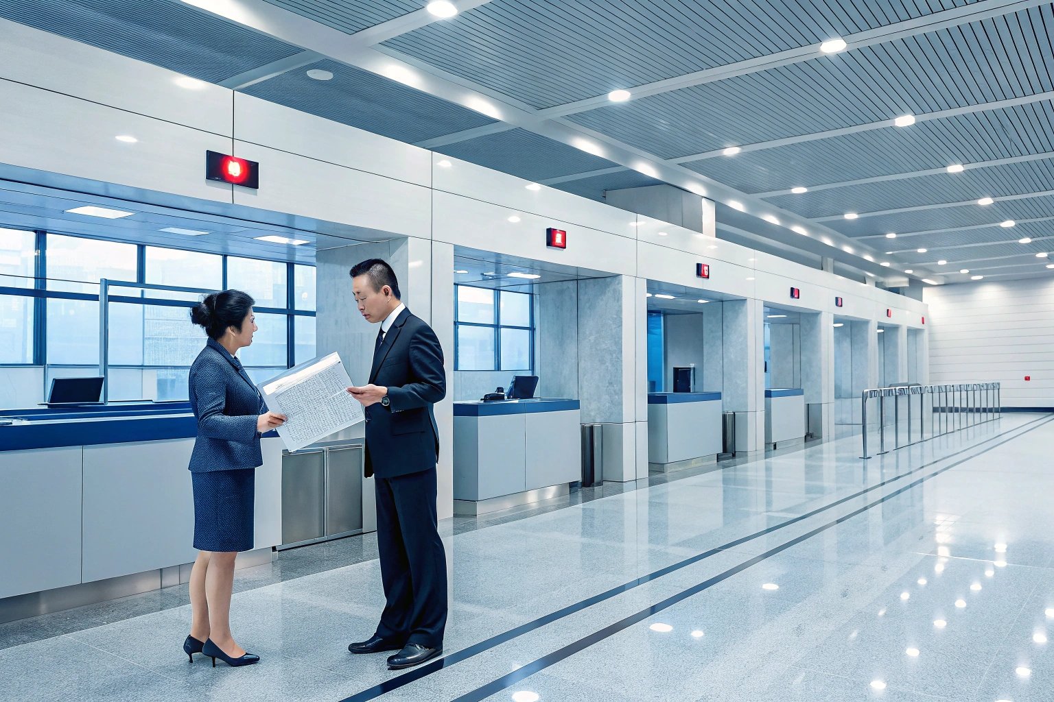 Customs compliance service counters with staff reviewing import documents in government facility