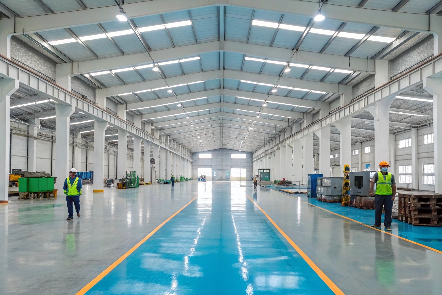 Spacious manufacturing warehouse interior with polished floors and safety-marked walkways.