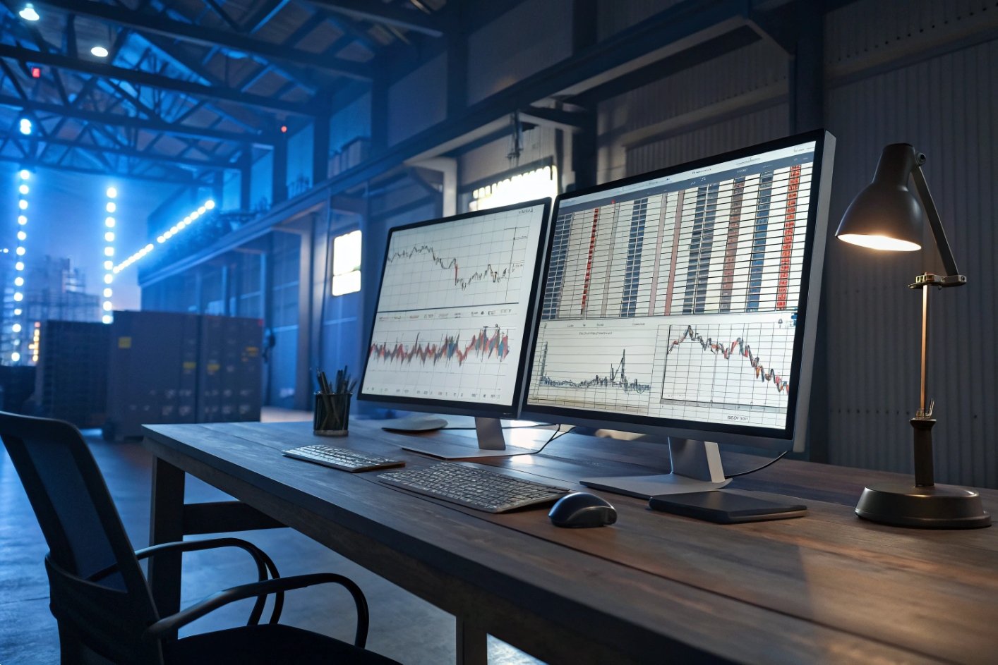 Factory operations dashboard with performance charts on dual monitors.