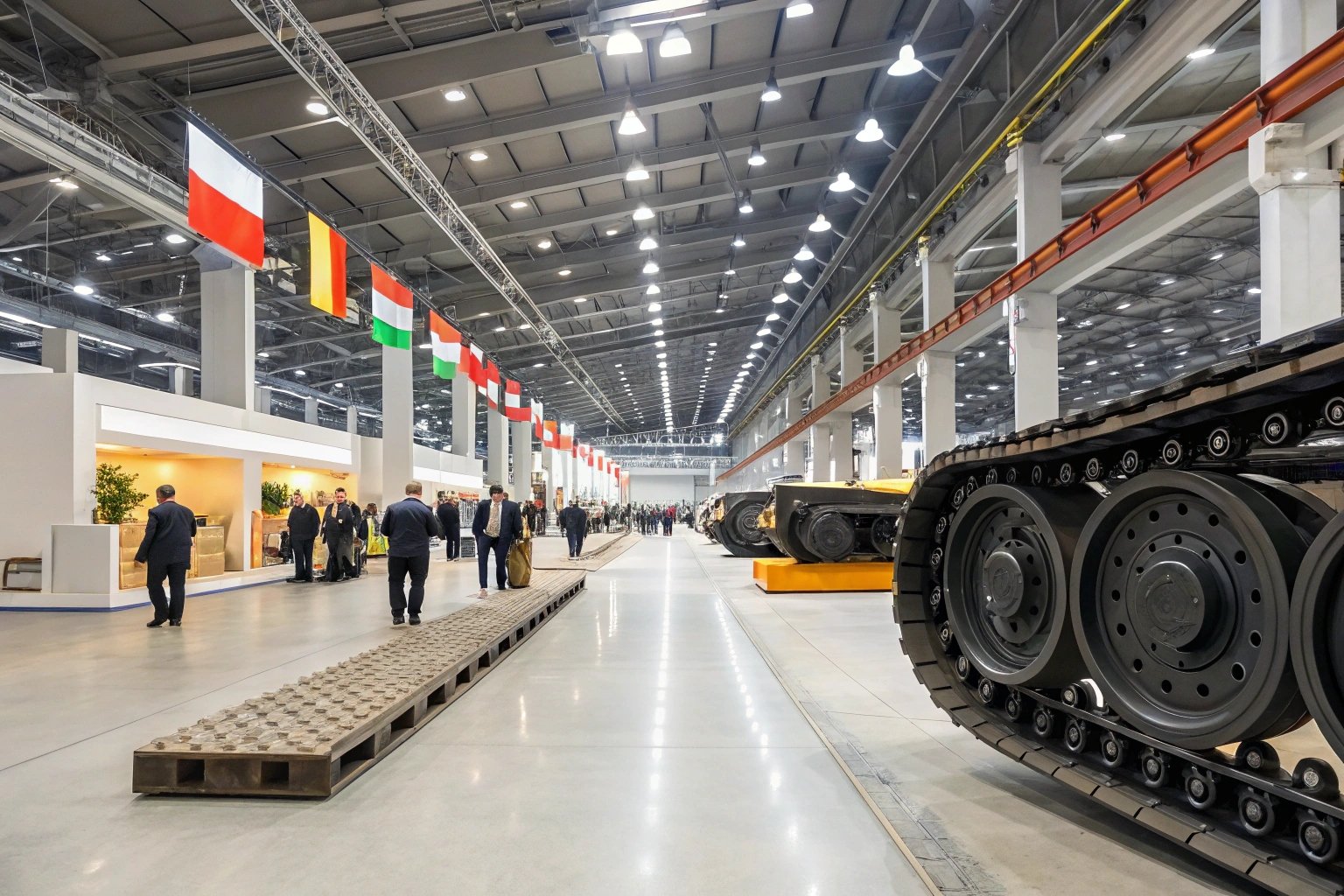 Equipment showcase Heavy equipment expo displaying crawler undercarriages and track systems.