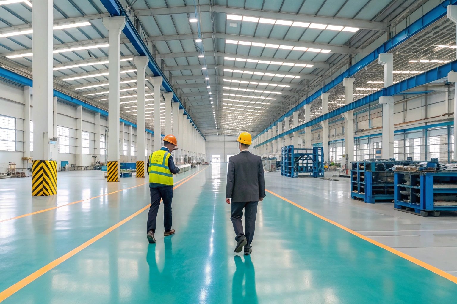 Two men walking in modern manufacturing plant with safety helmets and vests