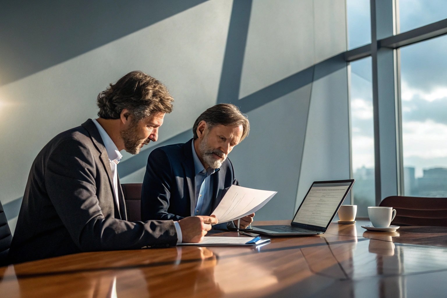 Business discussion Two businessmen reviewing documents with laptop at sunlit desk