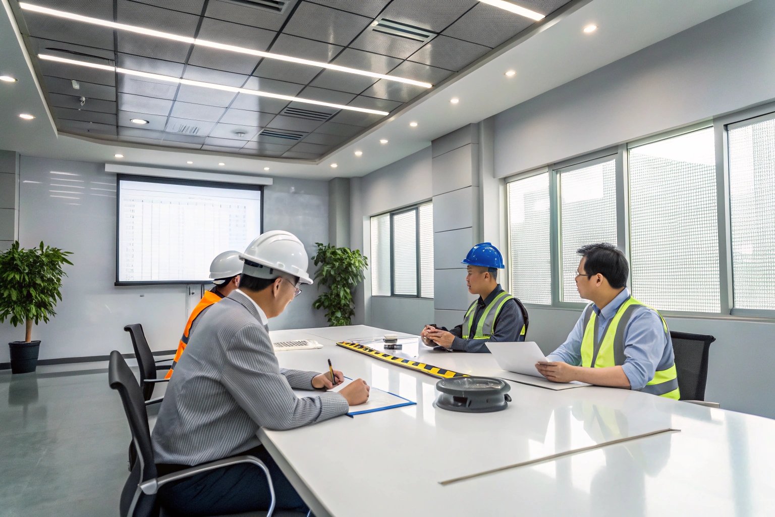 Meeting of safety engineers in modern conference room