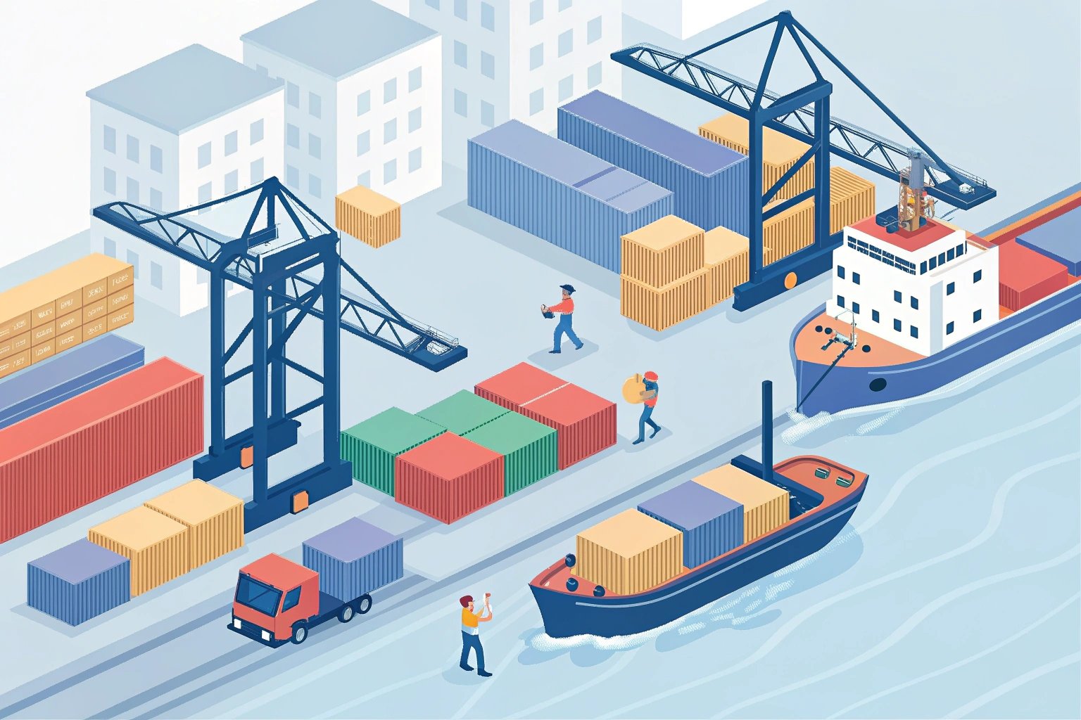 Illustrated port showing cargo loading operations