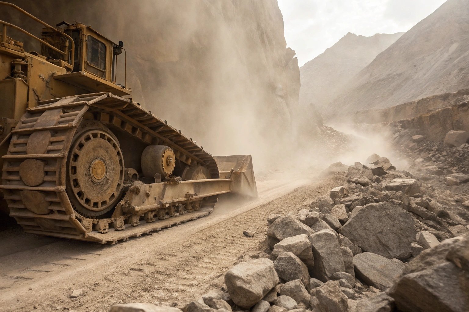 Bulldozer moving through rocky terrain