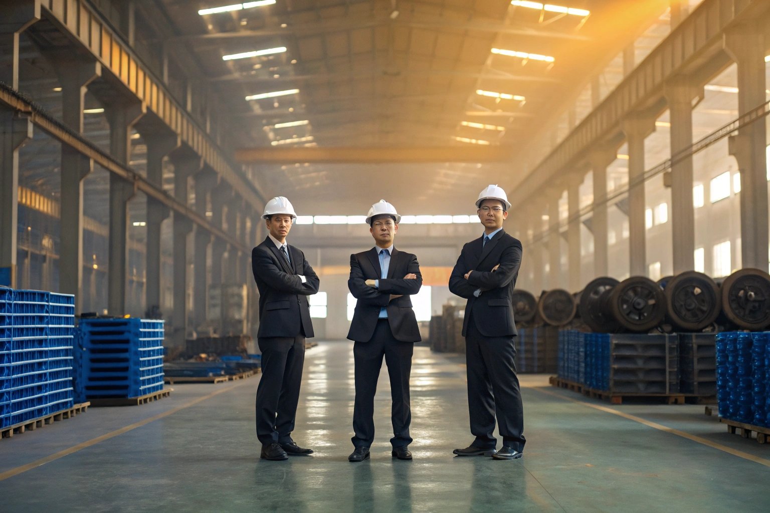 Three executives in suits and safety helmets standing in industrial warehouse