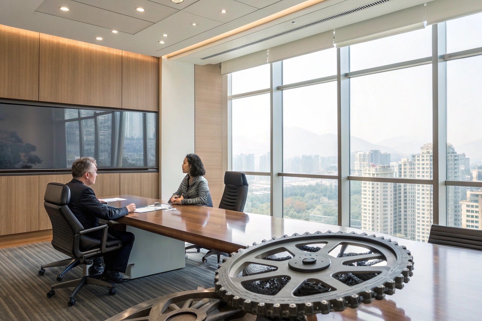 Business meeting in office overlooking cityscape through large windows.