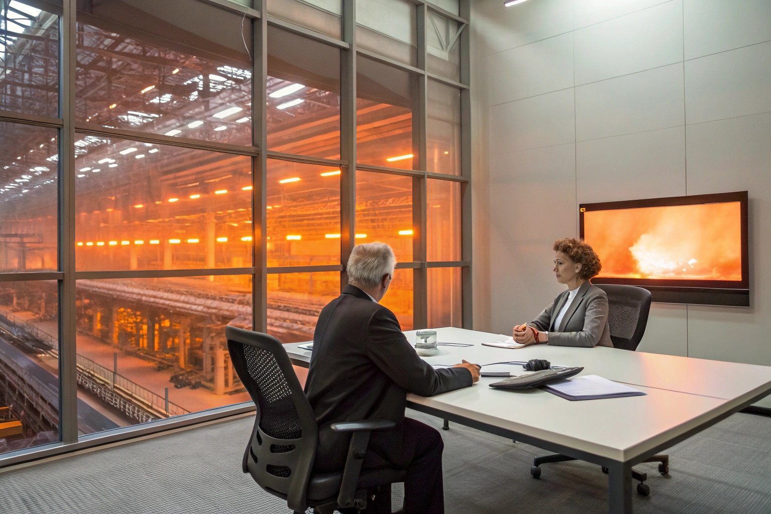 Corporate meeting room overlooking industrial facility through glass windows.