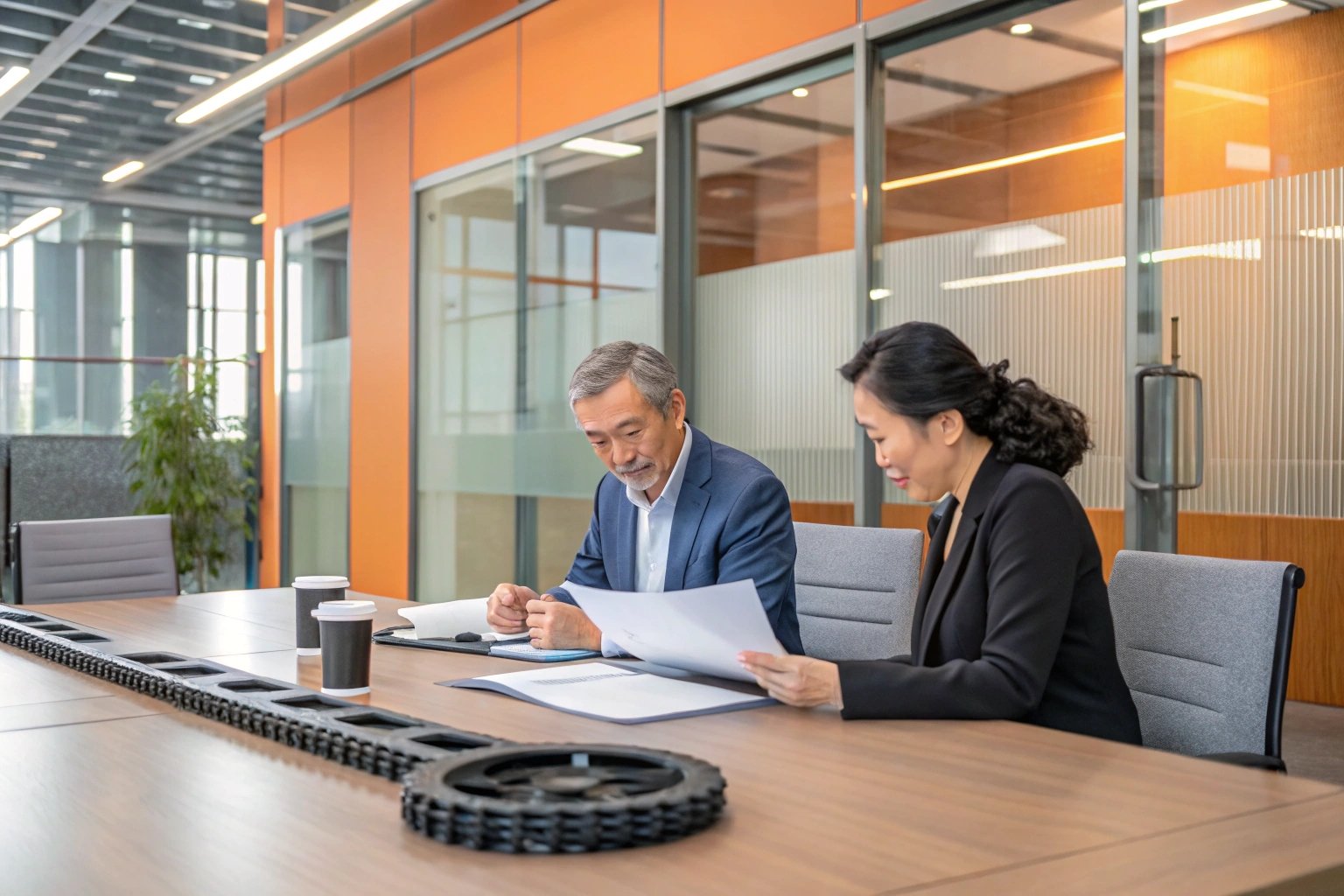 Colleagues in a meeting room reviewing project documents with technical gears on table.