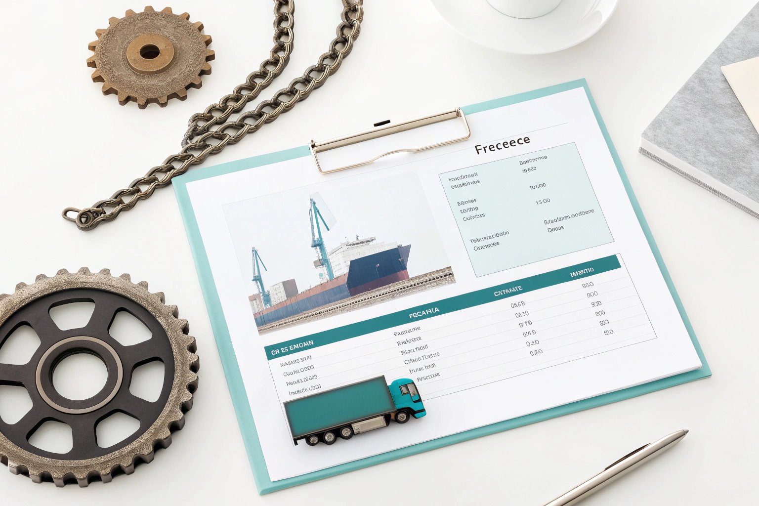 Shipping documents on clipboard with chain and gear. Maritime transport logistics illustrated.
