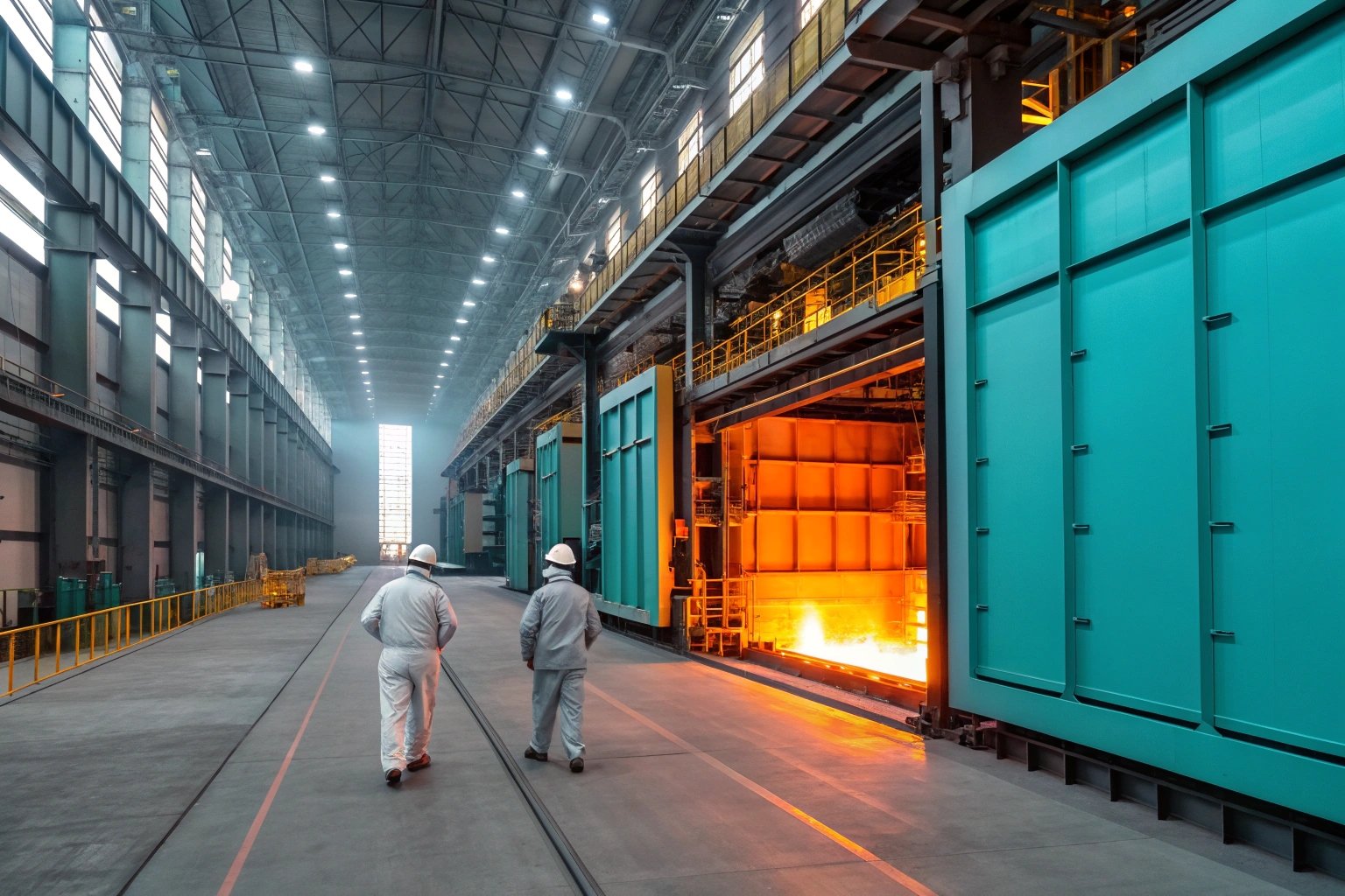 Workers inspecting active furnace in spacious factory setting, observing intense orange glow inside.