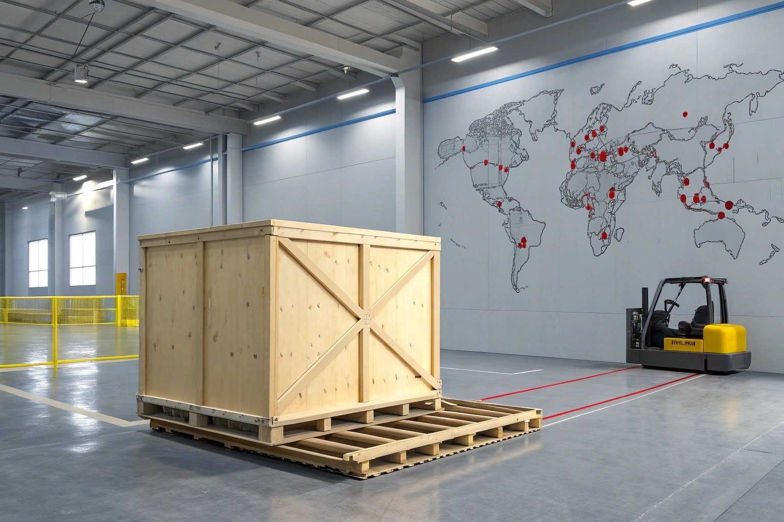 Warehouse with crate and forklift, world map on wall