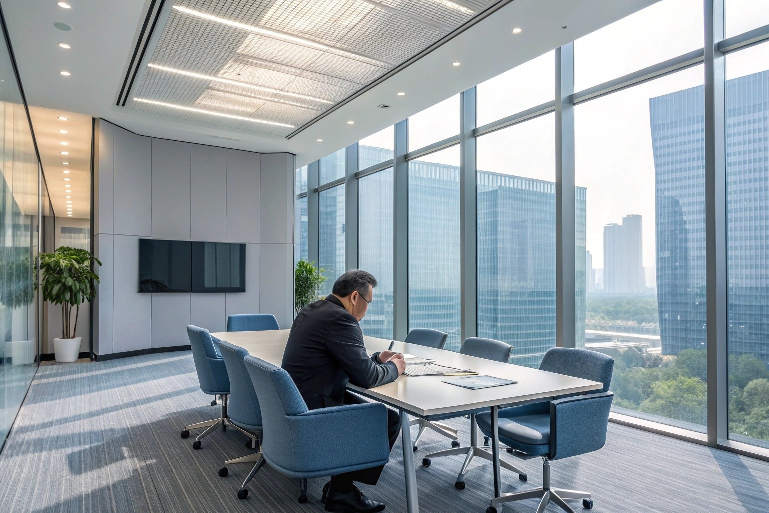 Businessman working alone in a large meeting room with panoramic windows.