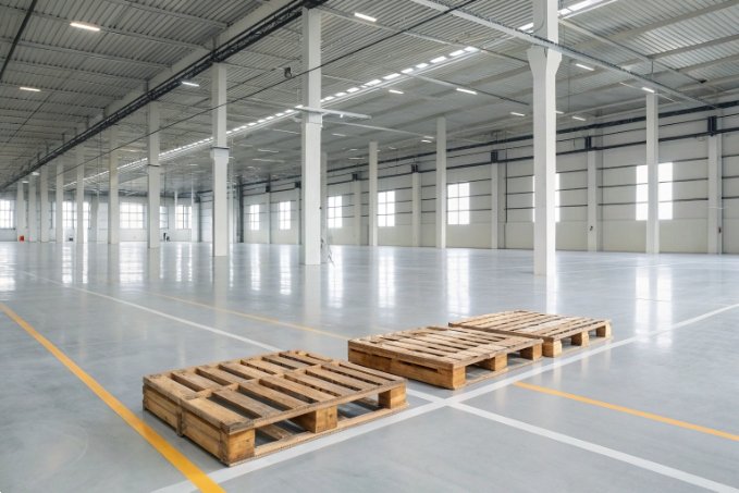 Empty warehouse featuring wooden pallets