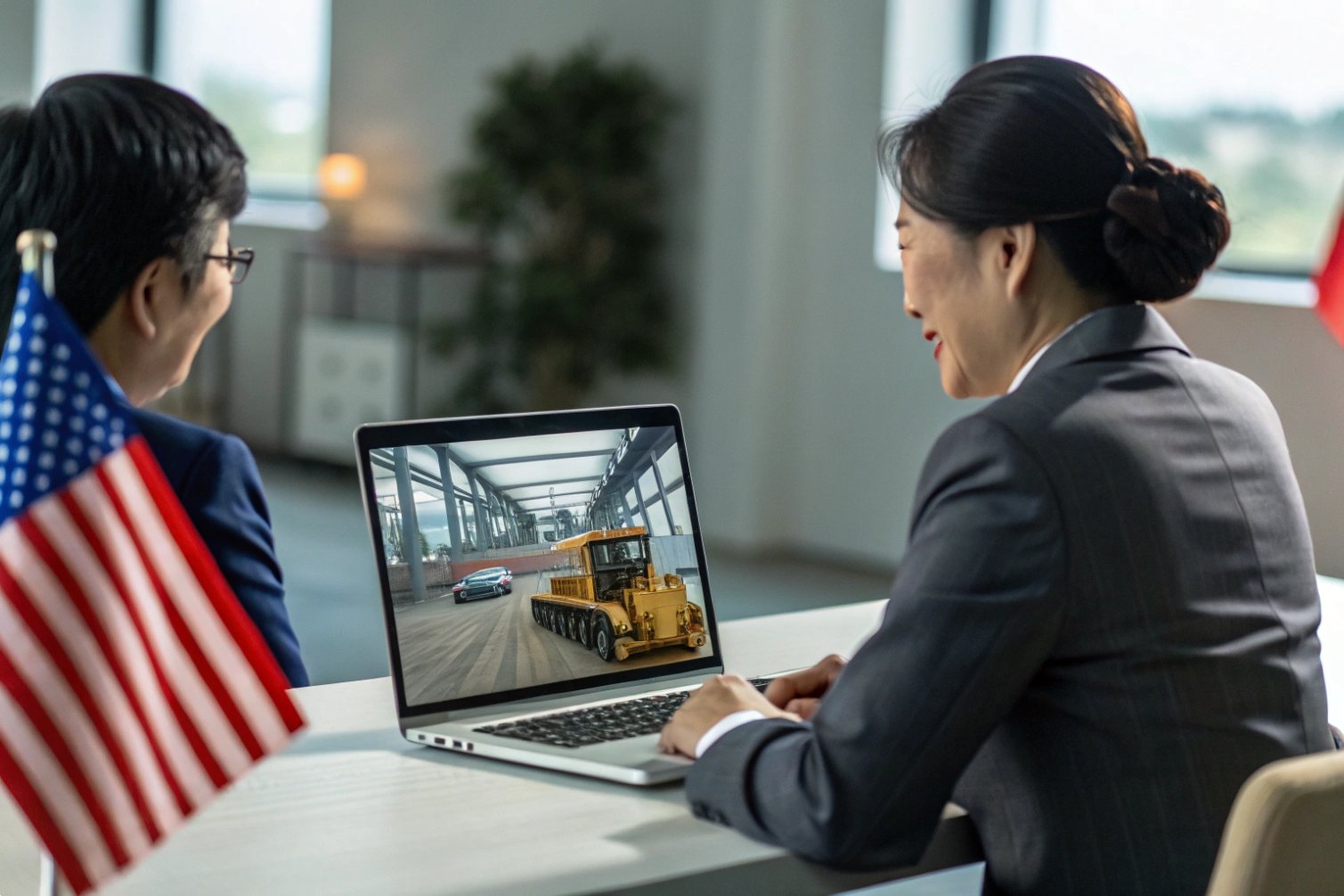 Business meeting with laptop, online project discussion in office setting.