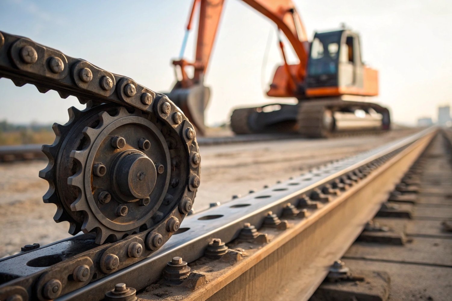 Close-up of a heavy-duty excavator drive sprocket and track chain on a construction site.