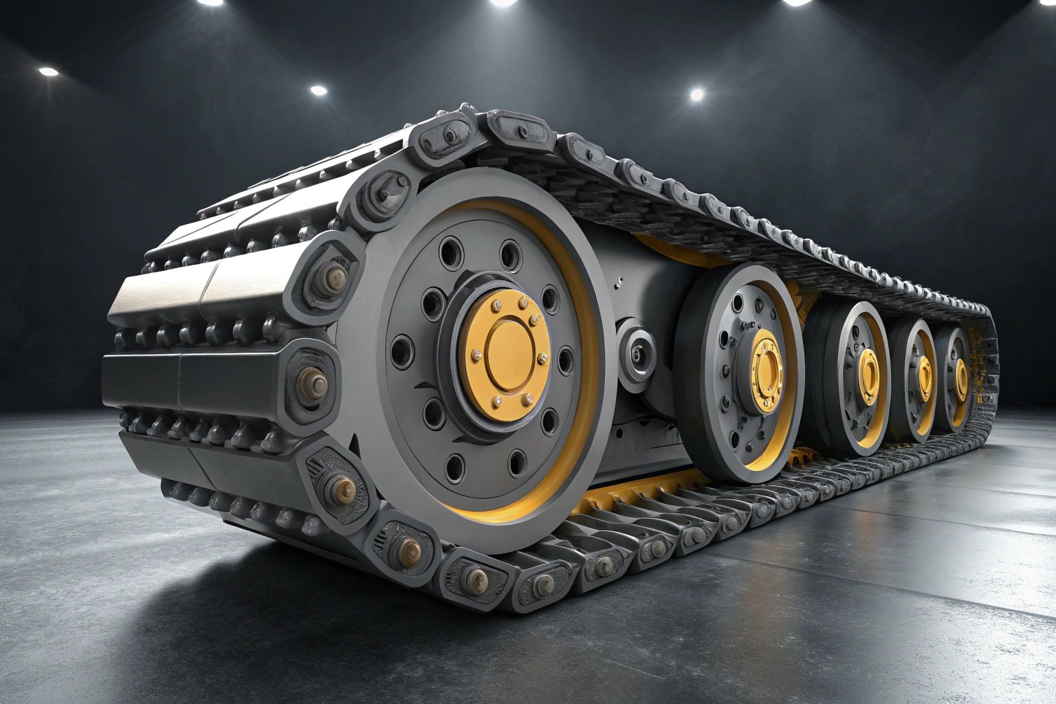 Heavy-duty excavator track undercarriage system in a professional studio setting.