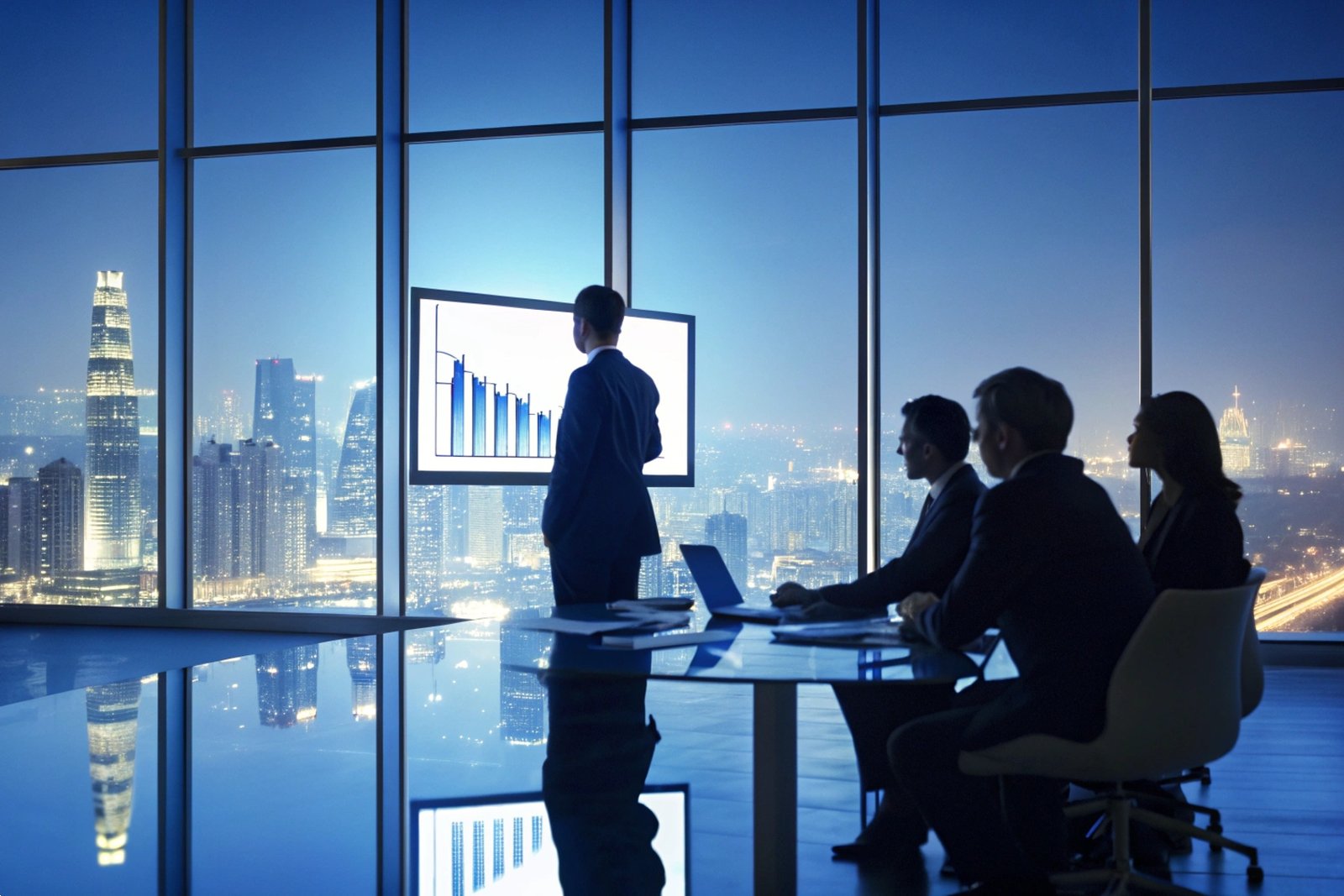 Business meeting with graph presentation, overlooking cityscape at night through large windows.