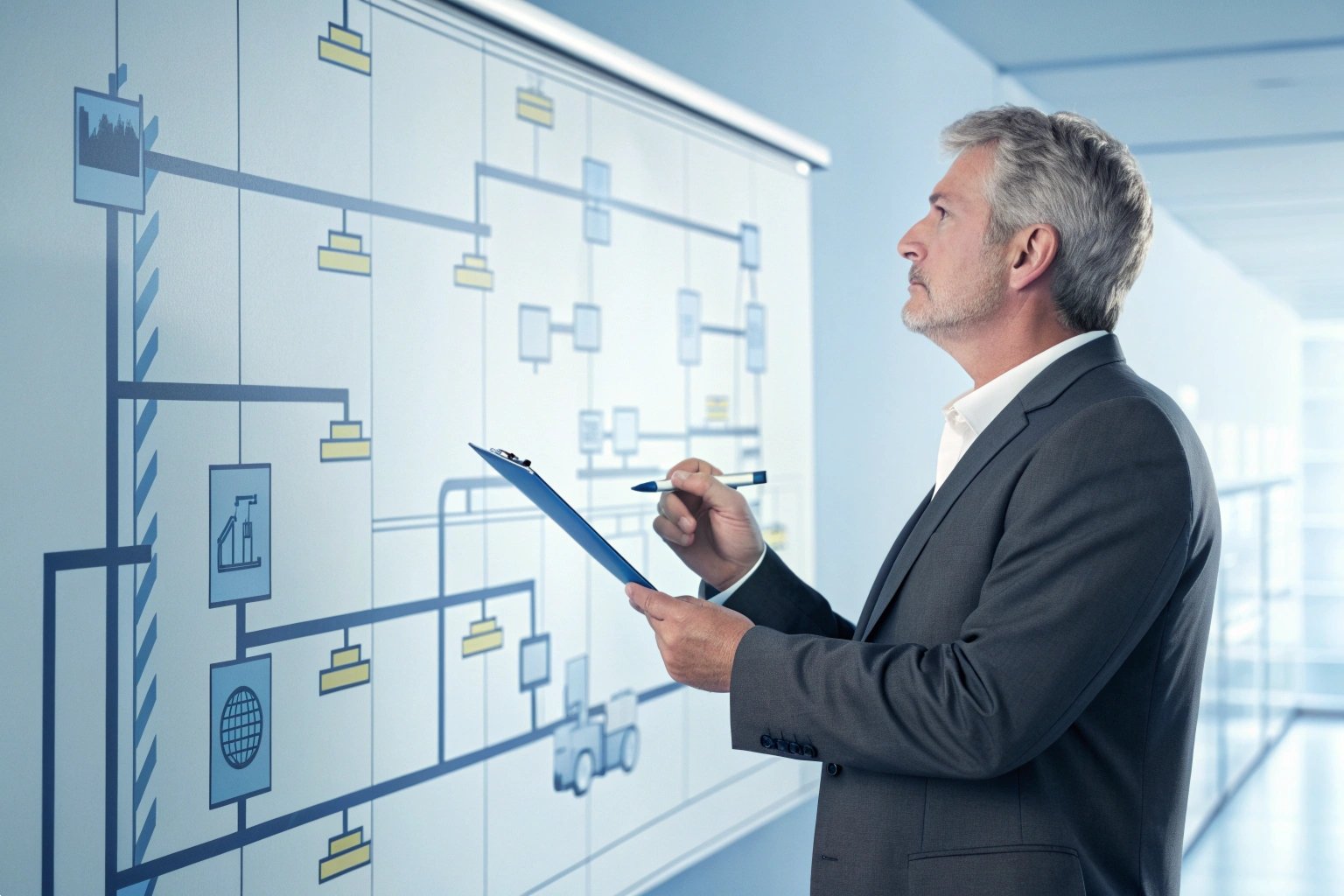 Professional analyzing flow chart on a wall, with clipboard and pencil in hand.