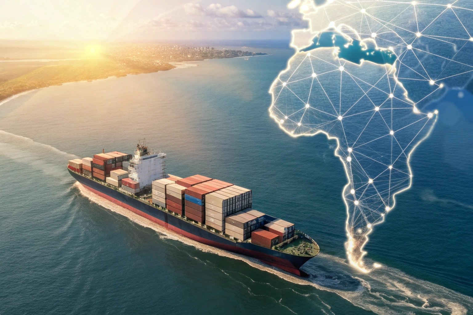 Cargo ship transporting containers with network overlay on Africa coastline at sunrise.