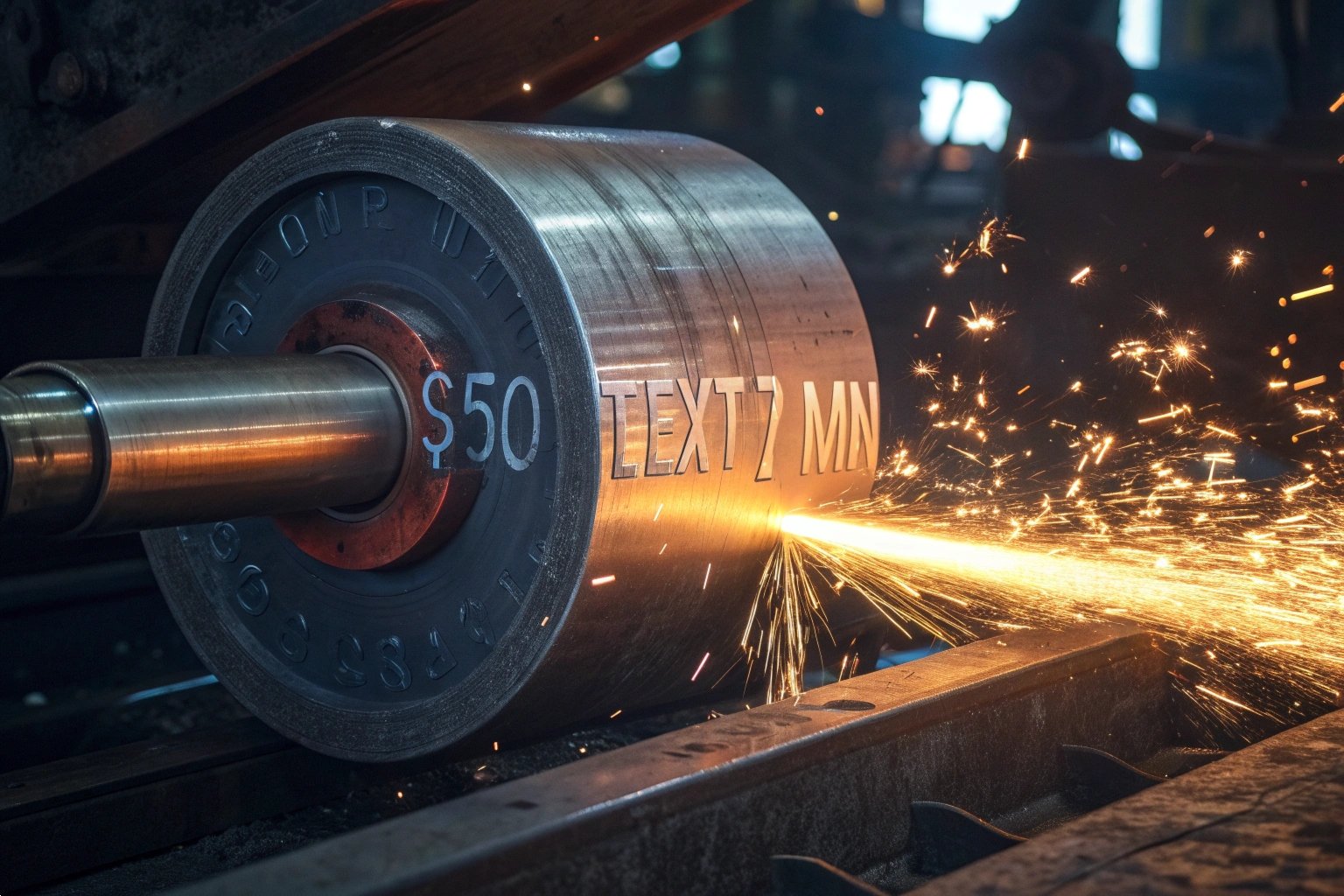 Grinding sparks flying from a rotating machine part during machining process.