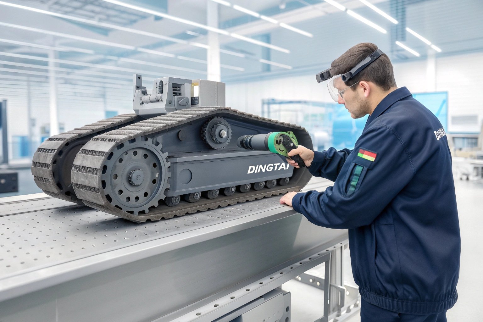 Engineer analyzing robotic track assembly for quality assurance.