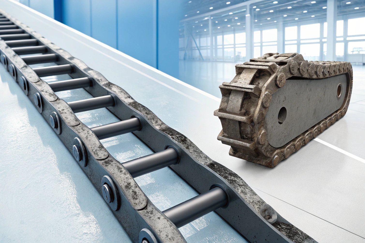 Metal tracks in factory, illustrating the durability of quality industrial equipment.
