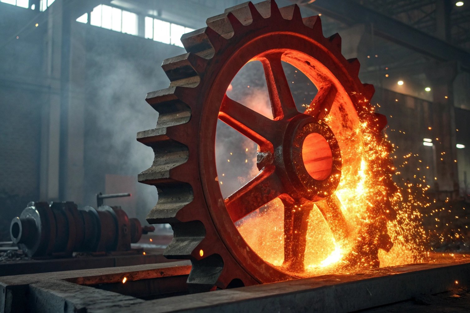 Molten metal gear in a factory, depicting high-temperature forging processes.