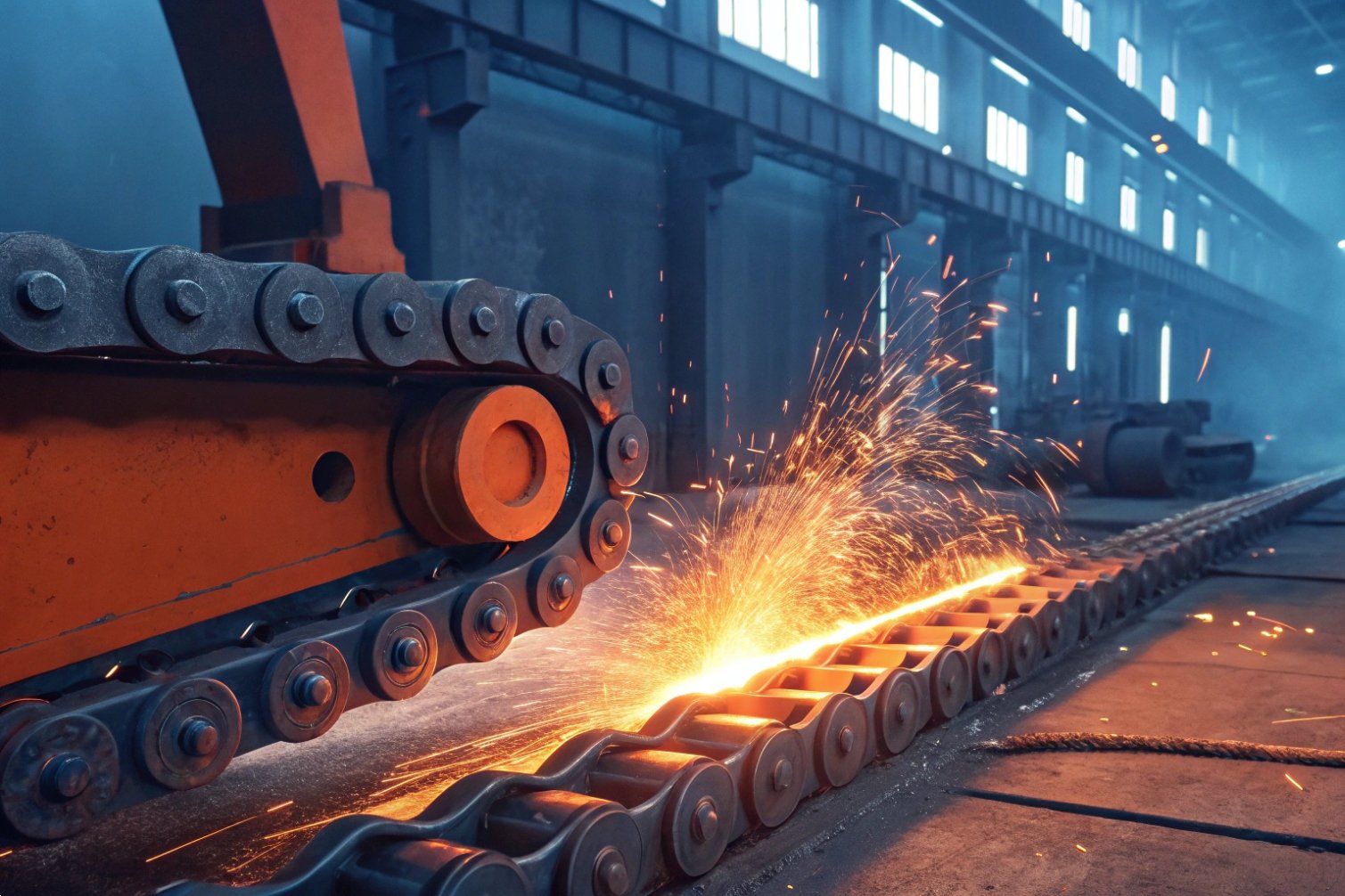 Industrial chain conveyor with metal sparks during operation in factory.