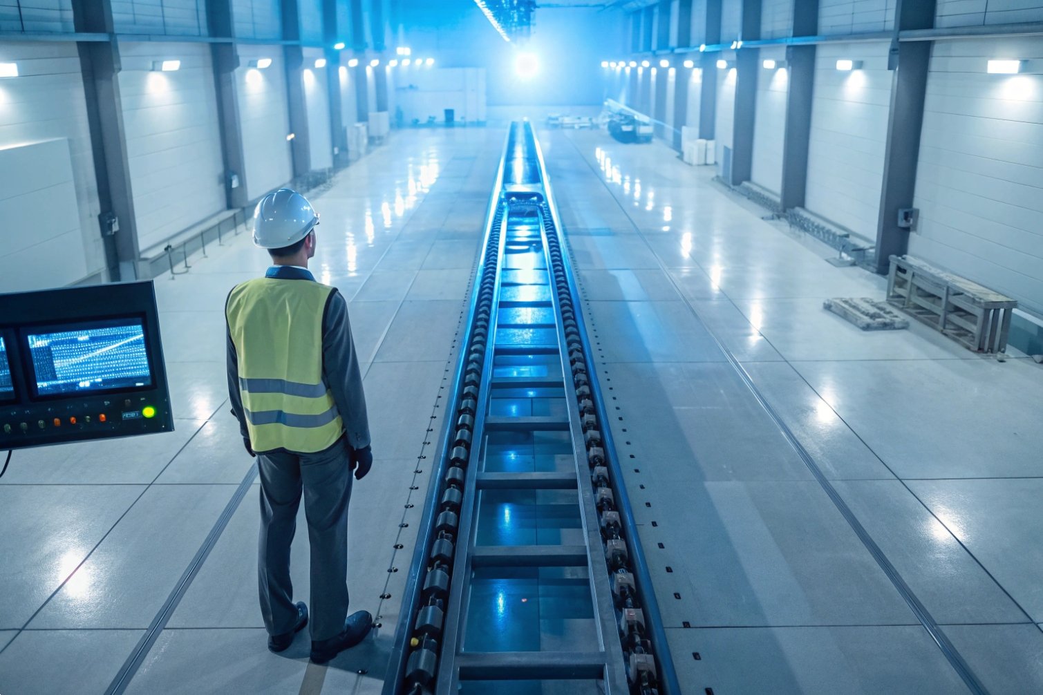 Engineer overseeing automated conveyor system in modern facility.