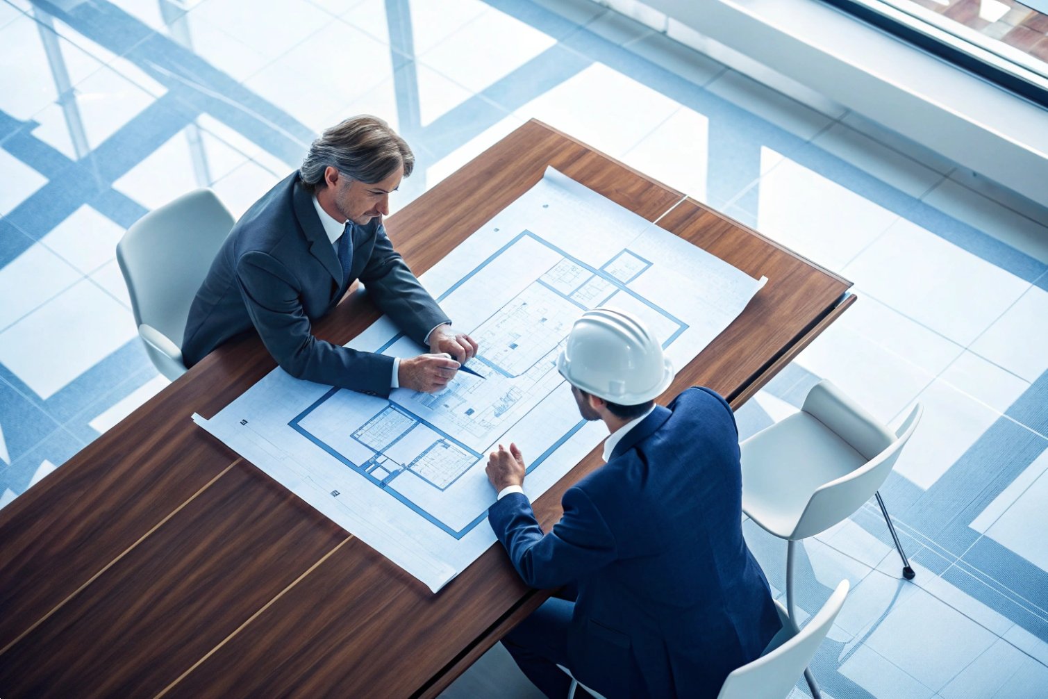 Architects discussing architectural plans on office desk.