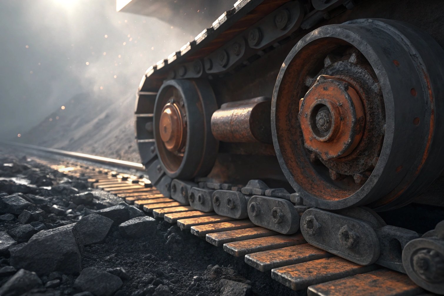 Heavy machinery track in rugged terrain