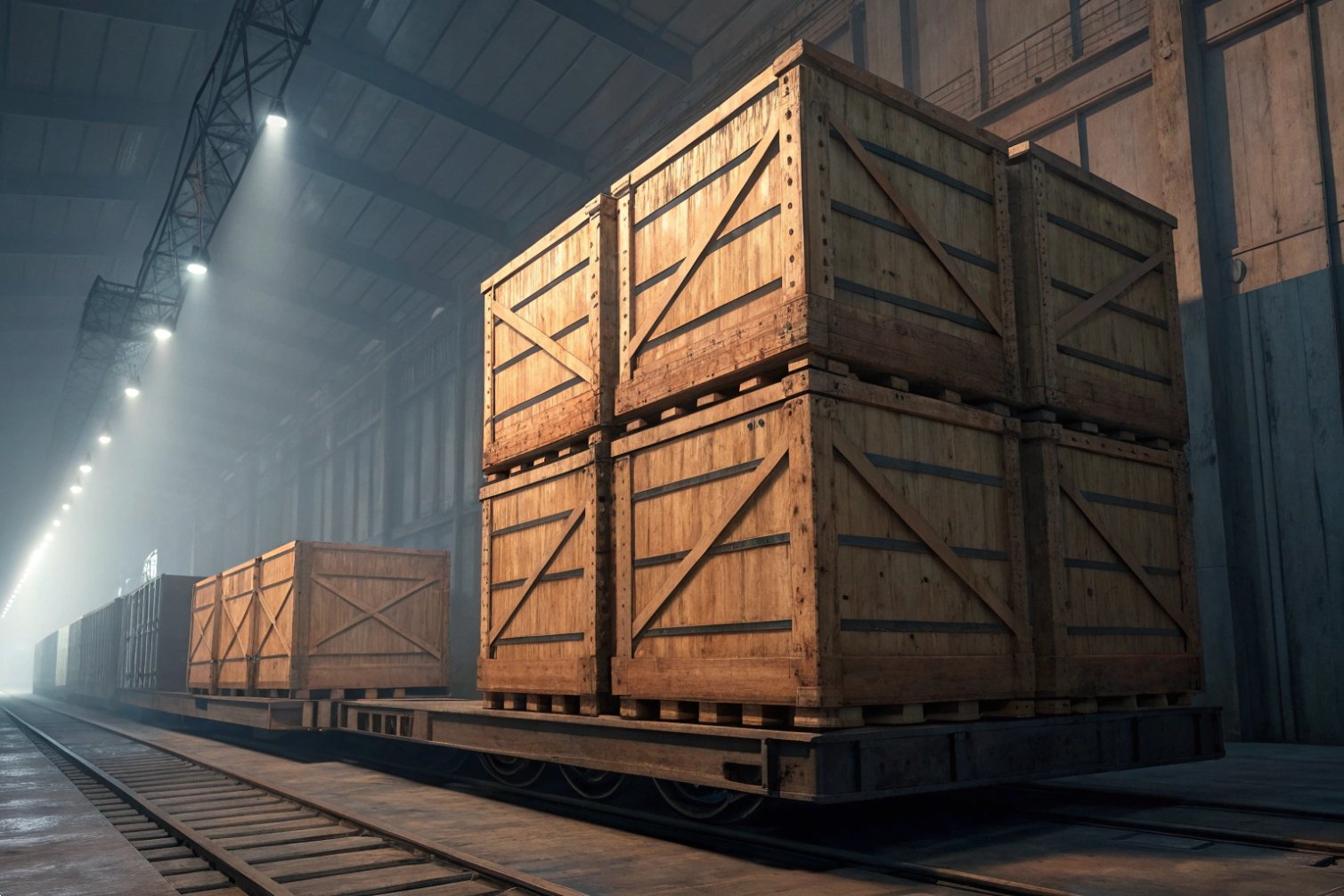 Warehouse interior with large wooden crates on rail carts.