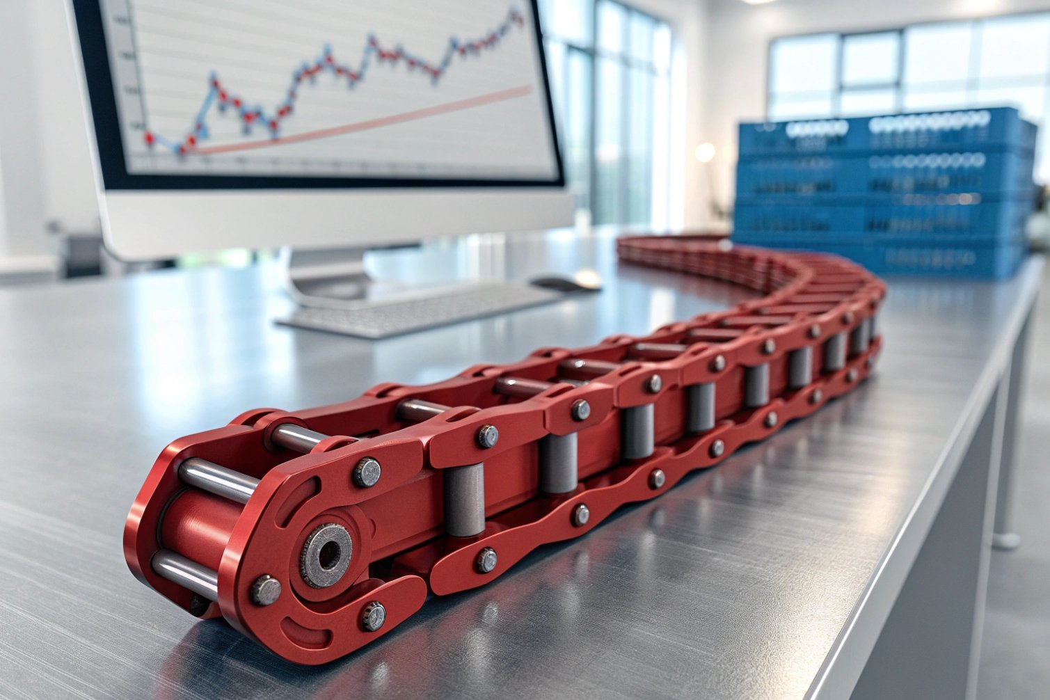 Red industrial chain on desk with computer displaying chart data.