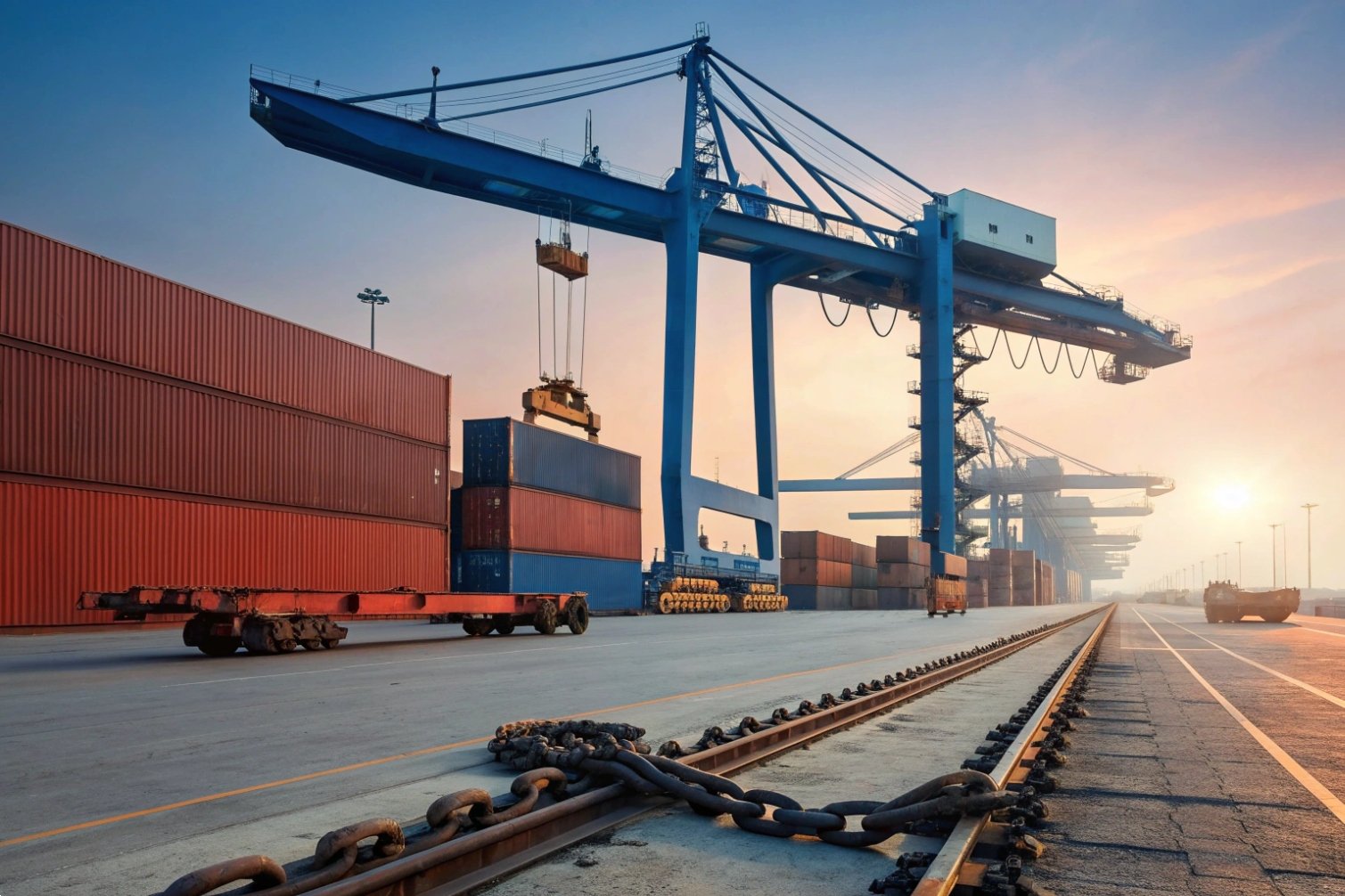 Shipping containers managed by cranes at sunset.