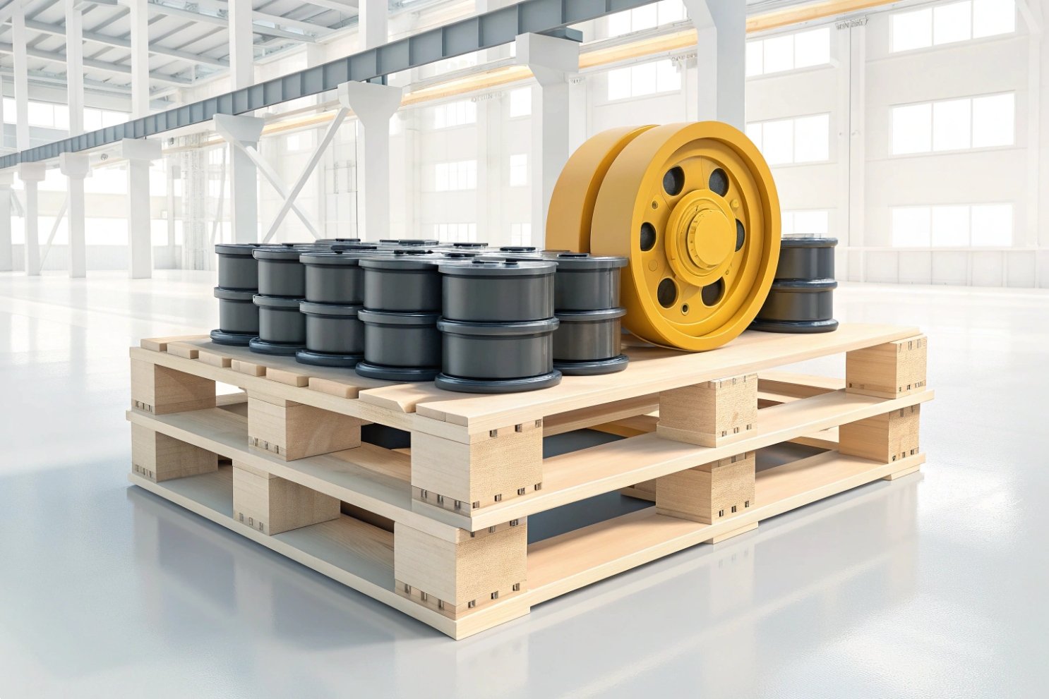 Industrial wheels and rollers for machinery displayed on wooden pallet in large warehouse