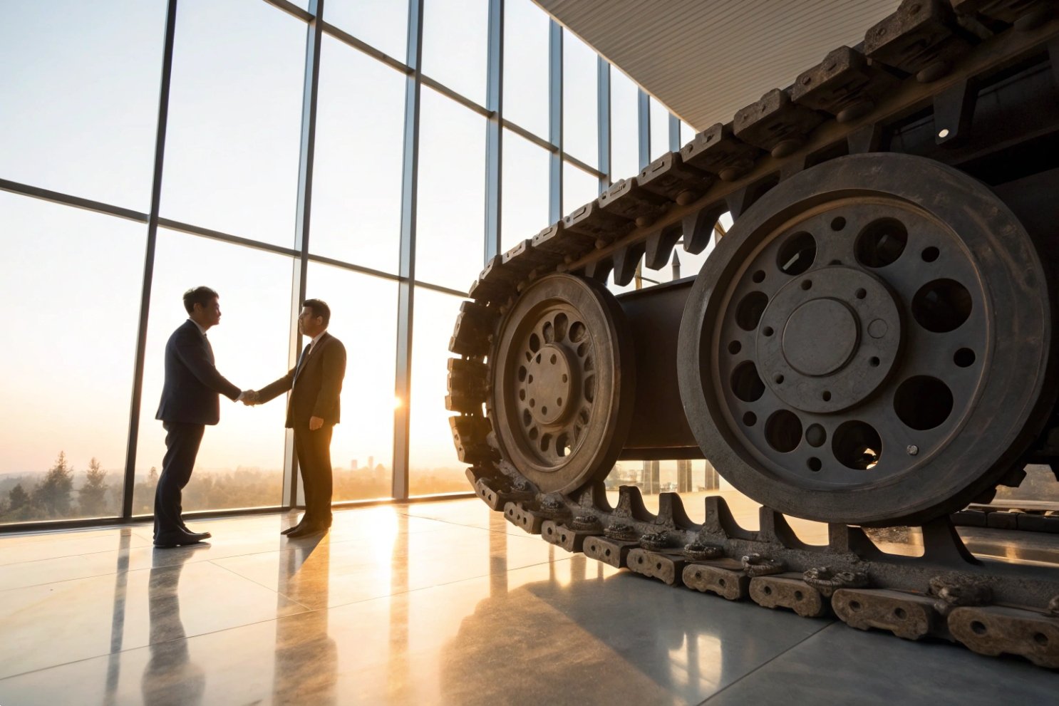 Businessmen shaking hands next to a massive heavy machinery track at sunset.