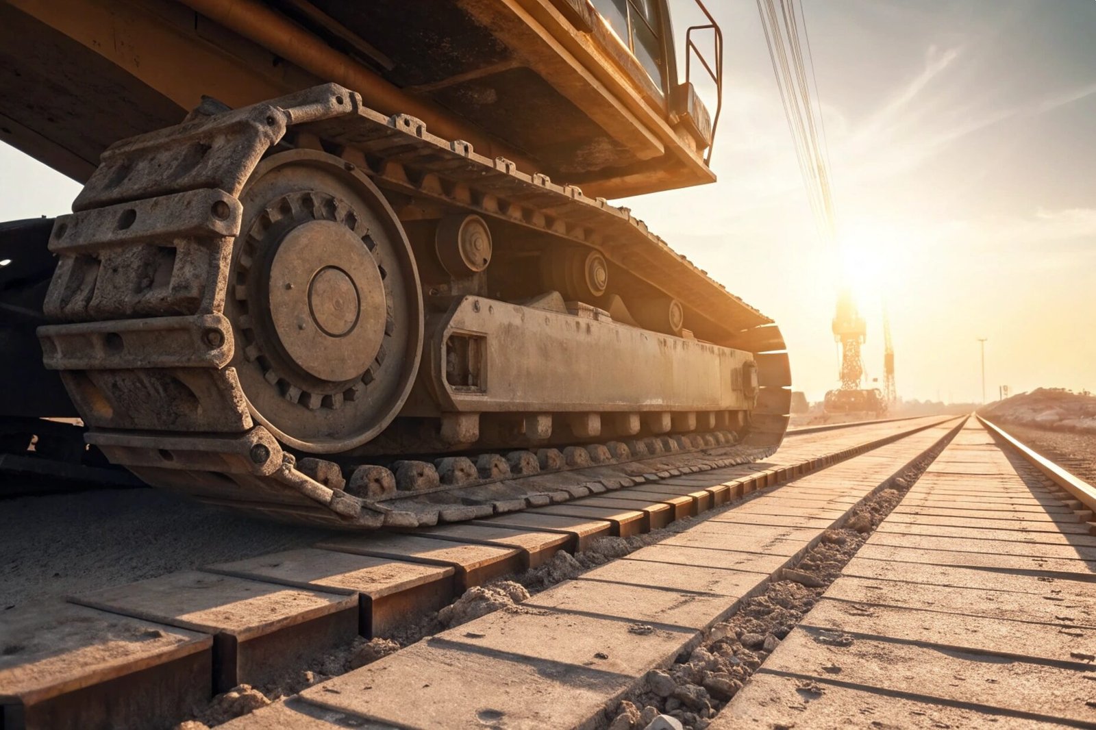 Heavy duty excavator track system on a construction site railway track