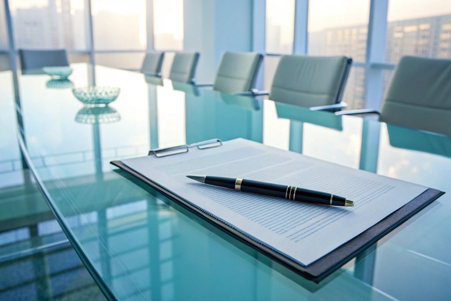 Professional business contract with pen on glass conference table in modern office