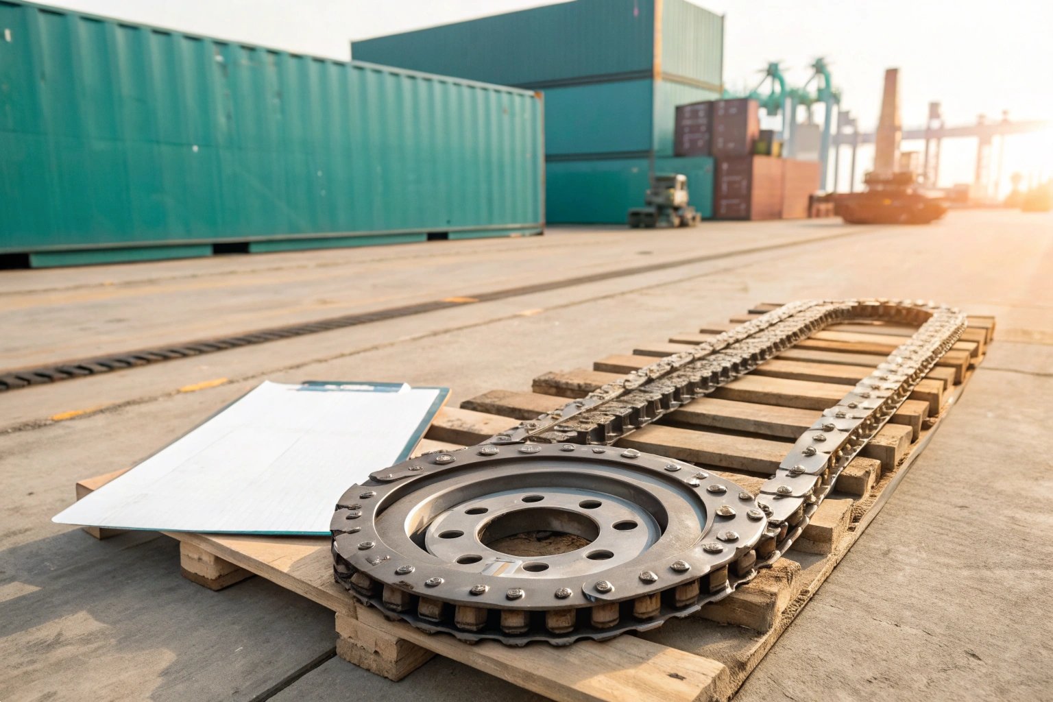 Heavy duty industrial crawler track and gear on a wooden pallet at shipping port