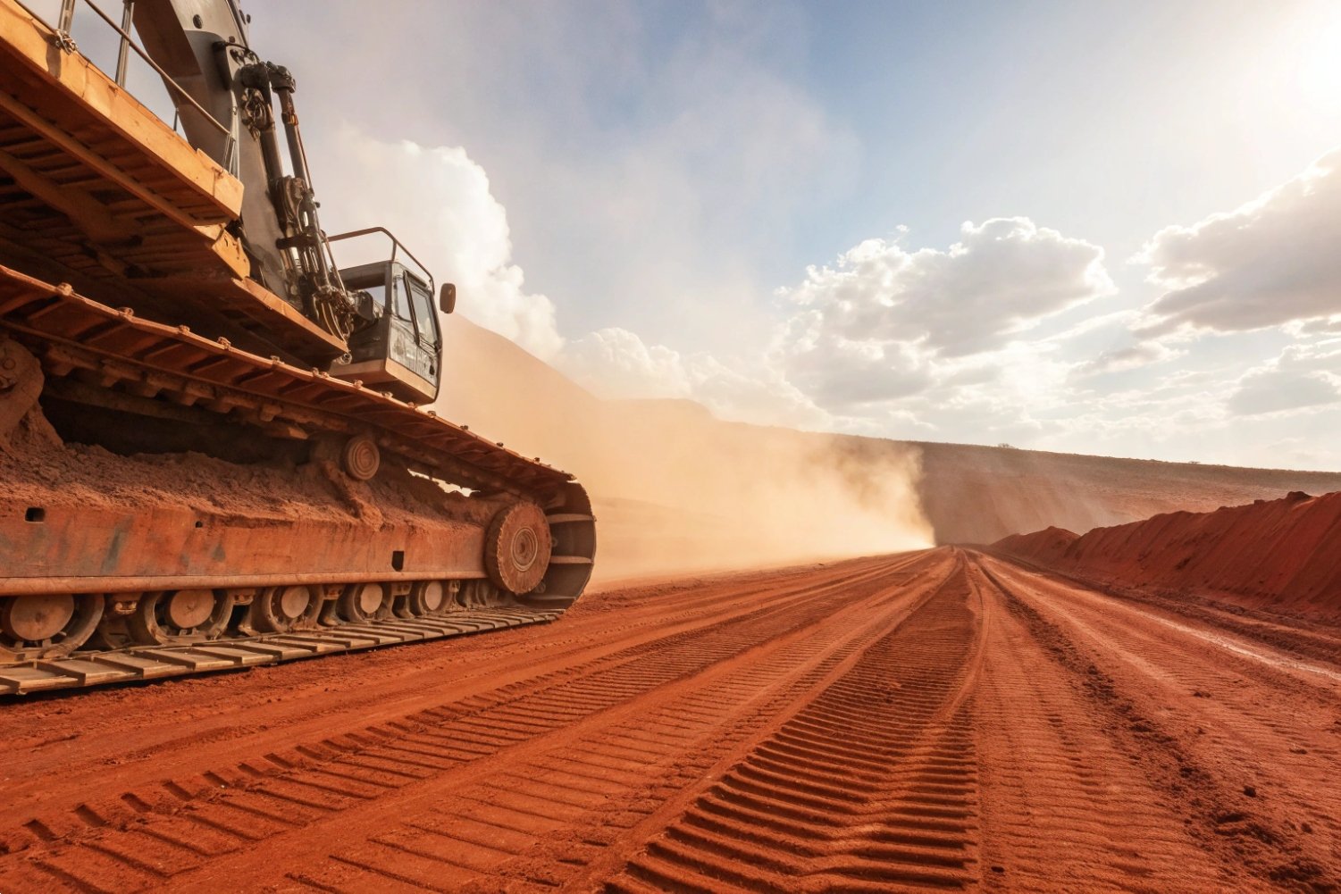 Heavy excavator working on a red soil construction site with dust trails.