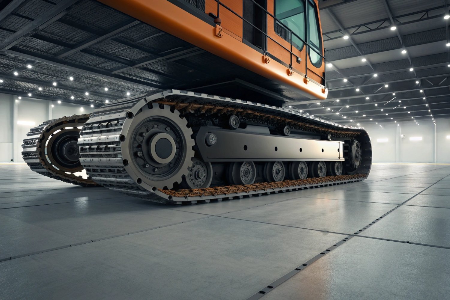 Close-up of heavy-duty industrial excavator tracks in a modern warehouse facility.