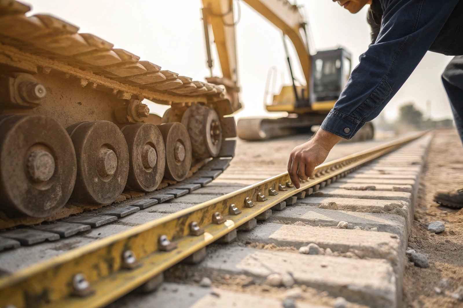Technician inspecting heavy excavator track links on a construction site for maintenance.