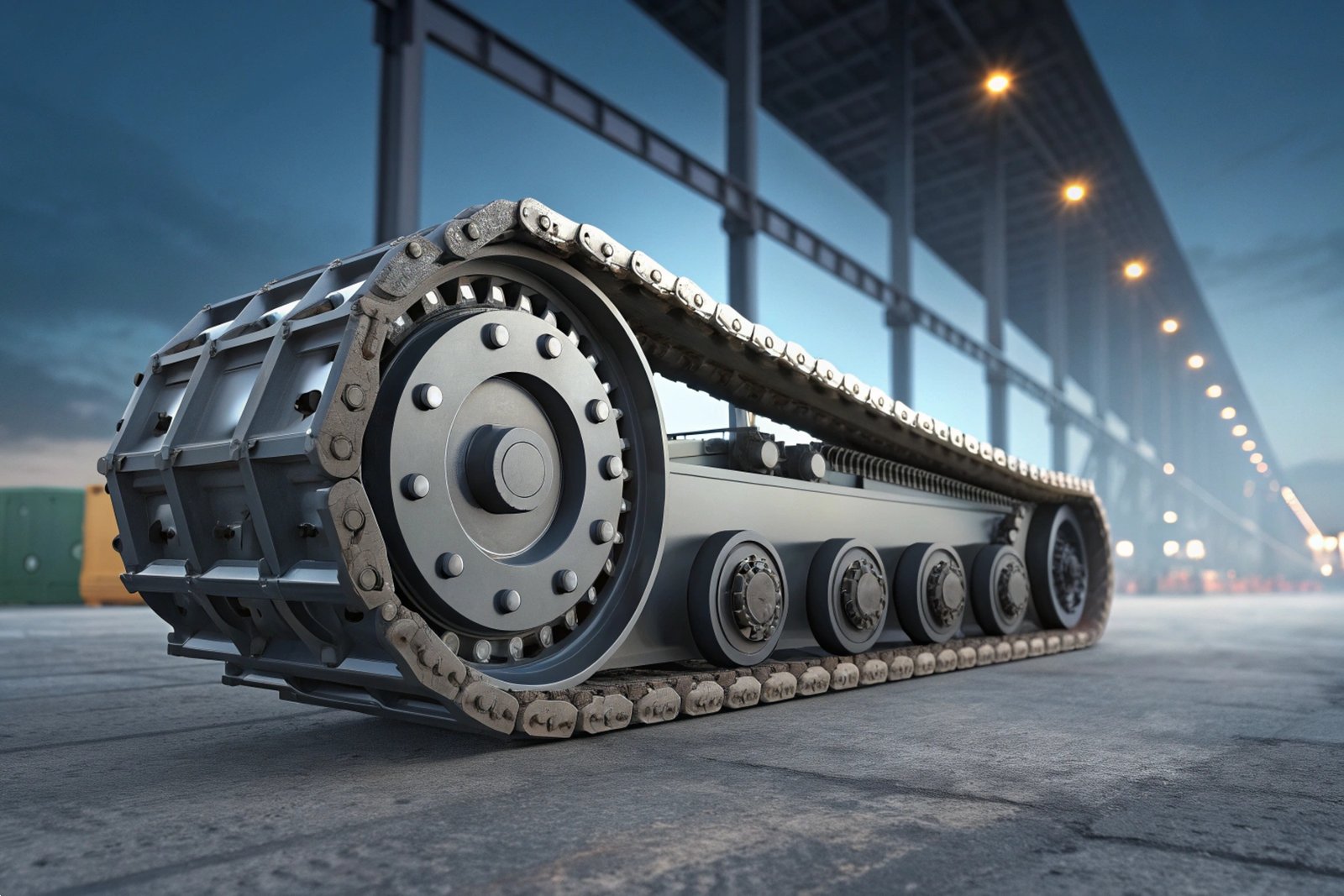 Industrial crawler track assembly for heavy machinery on a large-scale manufacturing floor.