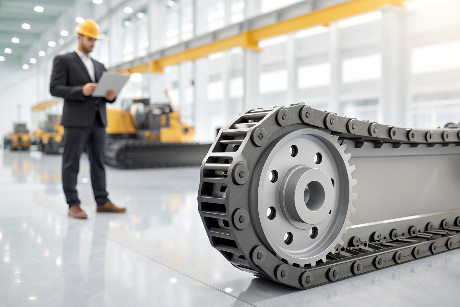 Industrial crawler track and sprocket assembly on a clean factory floor with engineer background